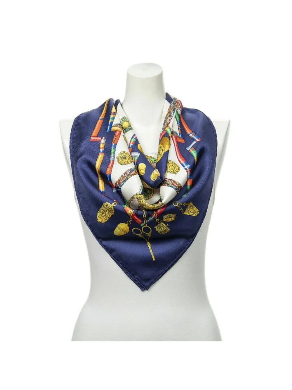 Hermes Scarf Navy White Gold Silk